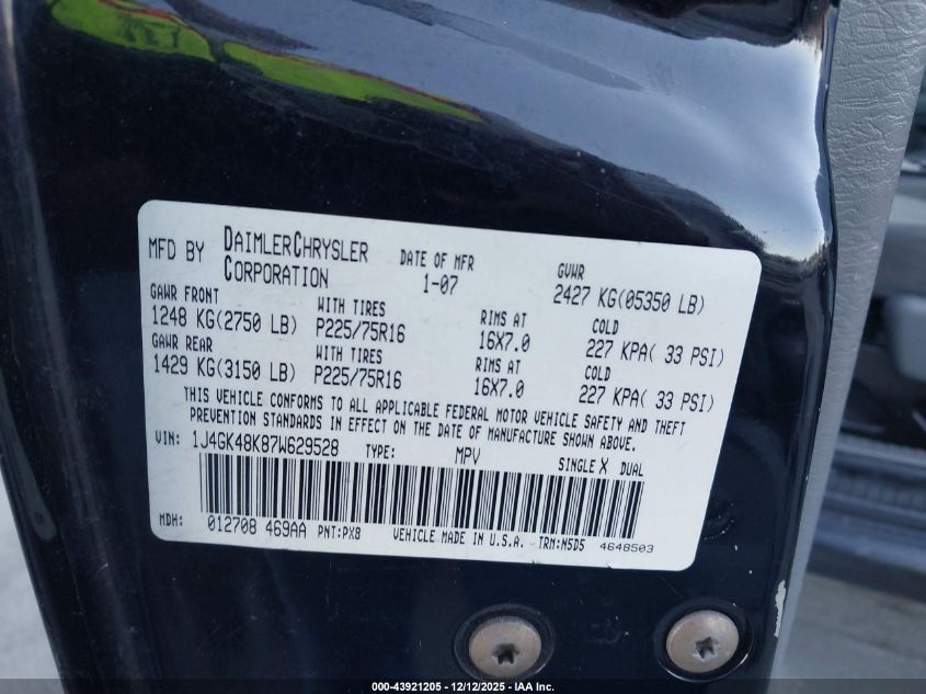 2007 Jeep Liberty Sport VIN: 1J4GK48K87W629528 Lot: 43921205