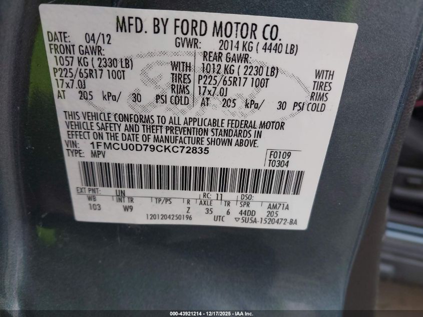 2012 Ford Escape Xlt VIN: 1FMCU0D79CKC72835 Lot: 43921214