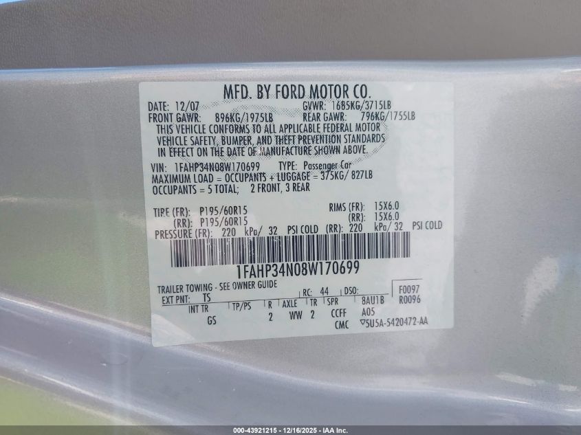 2008 Ford Focus S VIN: 1FAHP34N08W170699 Lot: 43921215