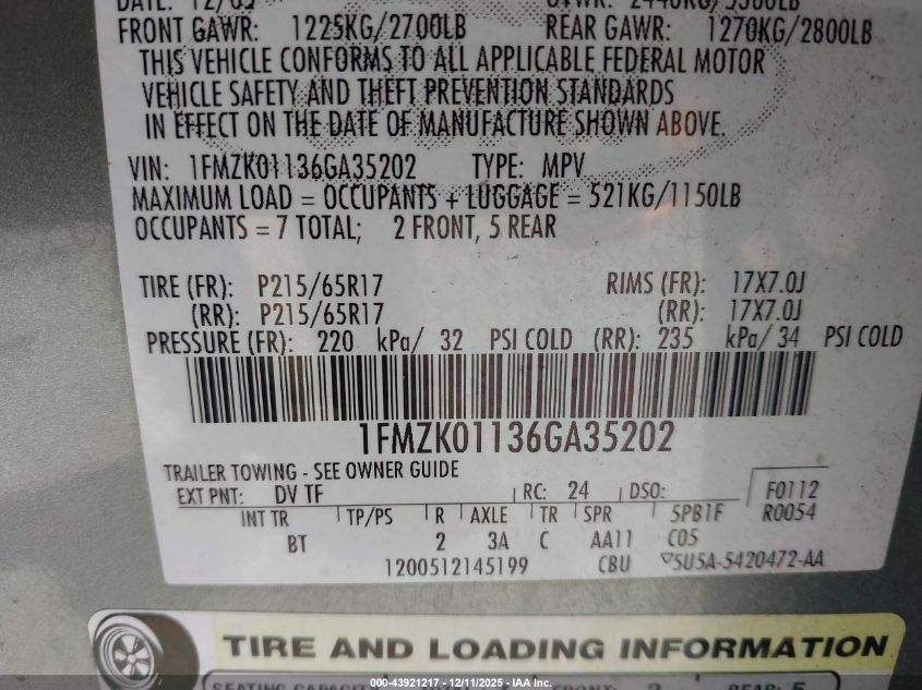 2006 Ford Freestyle Se VIN: 1FMZK01136GA35202 Lot: 43921217