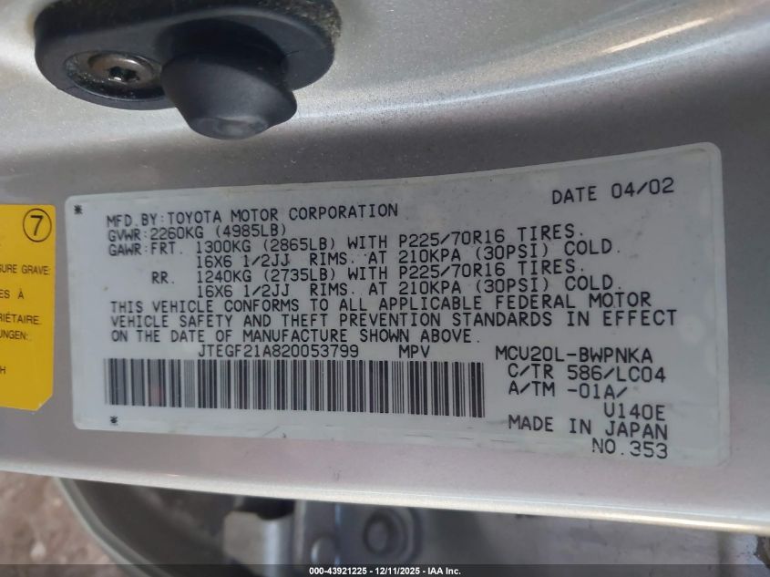 2002 Toyota Highlander Limited V6 VIN: JTEGF21A820053799 Lot: 43921225