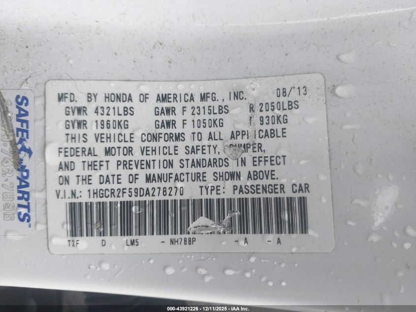 2013 Honda Accord Sport VIN: 1HGCR2F59DA278270 Lot: 43921226