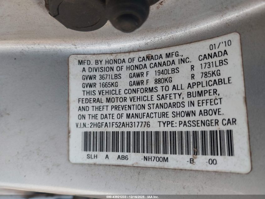 2010 Honda Civic Lx VIN: 2HGFA1F52AH317776 Lot: 43921233