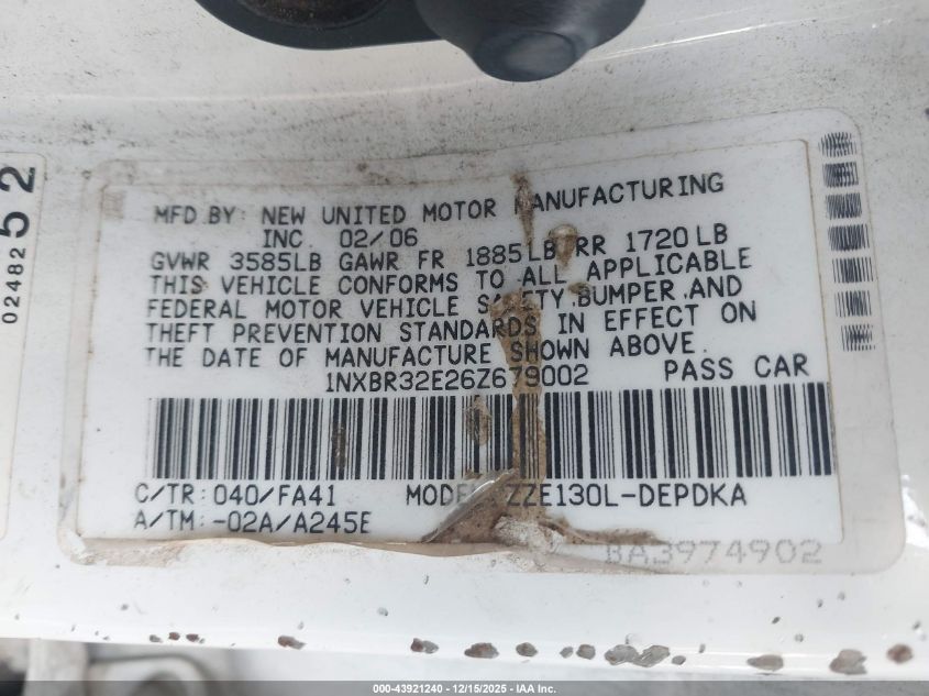 2006 Toyota Corolla Ce VIN: 1NXBR32E26Z679002 Lot: 43921240