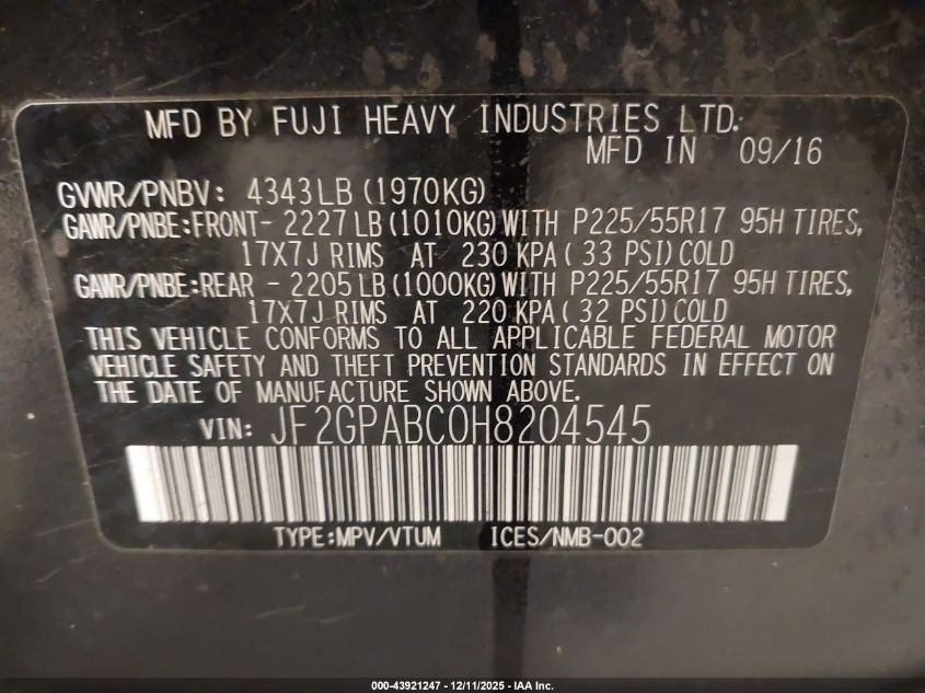 2017 Subaru Crosstrek 2.0I Premium VIN: JF2GPABC0H8204545 Lot: 43921247