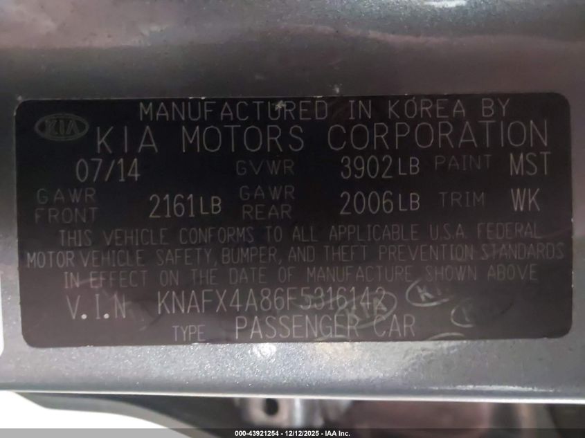 2015 Kia Forte Ex VIN: KNAFX4A86F5316142 Lot: 43921254
