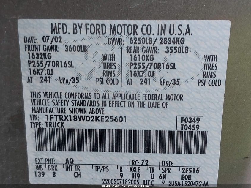 2002 Ford F150 VIN: 1FTRX18W02KE25601 Lot: 43921262