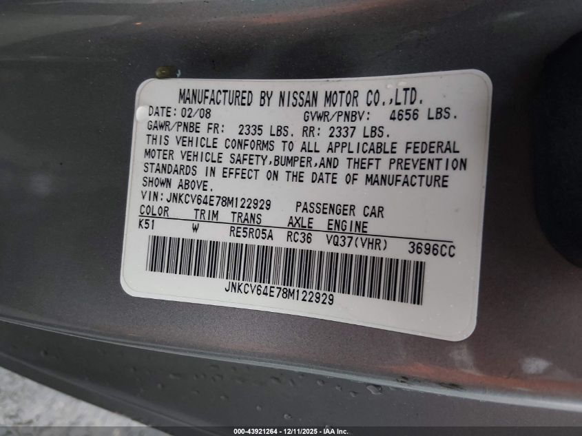 2008 Infiniti G37 Journey VIN: JNKCV64E78M122929 Lot: 43921264