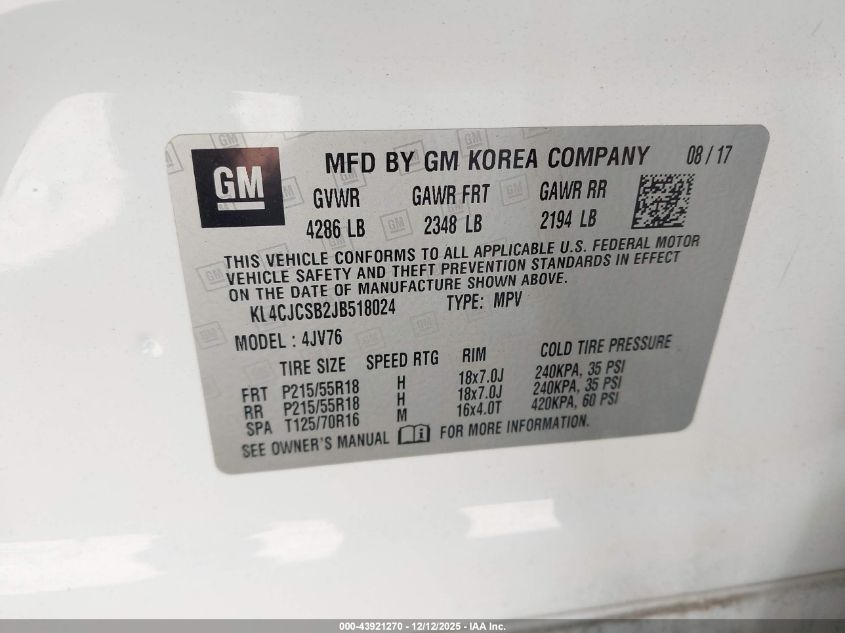 2018 Buick Encore Essence VIN: KL4CJCSB2JB518024 Lot: 43921270