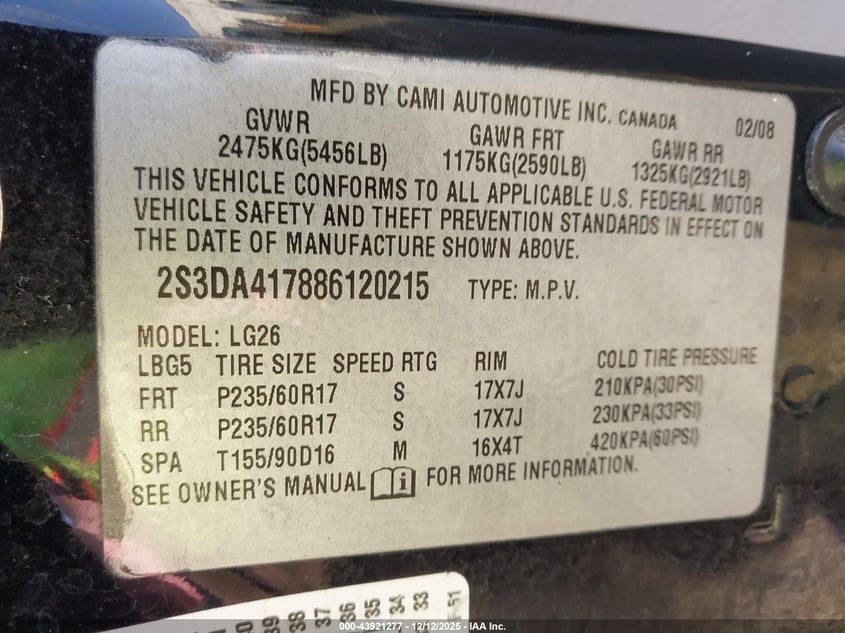 2008 Suzuki Xl7 Luxury VIN: 2S3DA417886120215 Lot: 43921277
