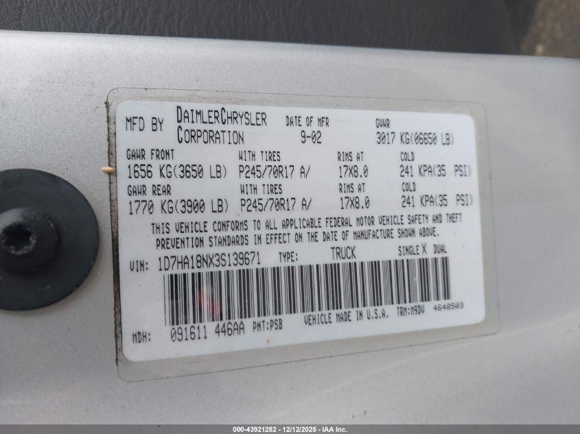 2003 Dodge Ram 1500 Slt/Laramie/St VIN: 1D7HA18NX3S139671 Lot: 43921282