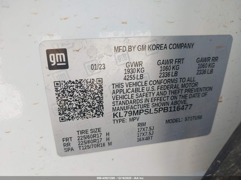 2023 Chevrolet Trailblazer Fwd Lt VIN: KL79MPSL5PB116477 Lot: 43921286