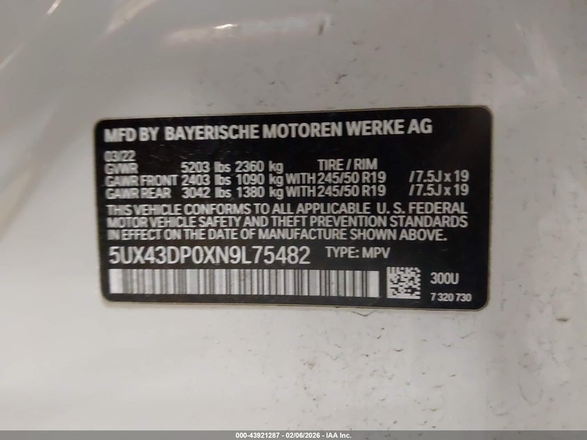 2022 BMW X3 Sdrive30I VIN: 5UX43DP0XN9L75482 Lot: 43921287