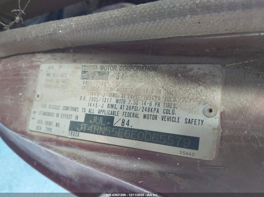 1984 Toyota Pickup 3/4 Ton Long Bed Rn55 VIN: JT4RN55E6E0065579 Lot: 43921288