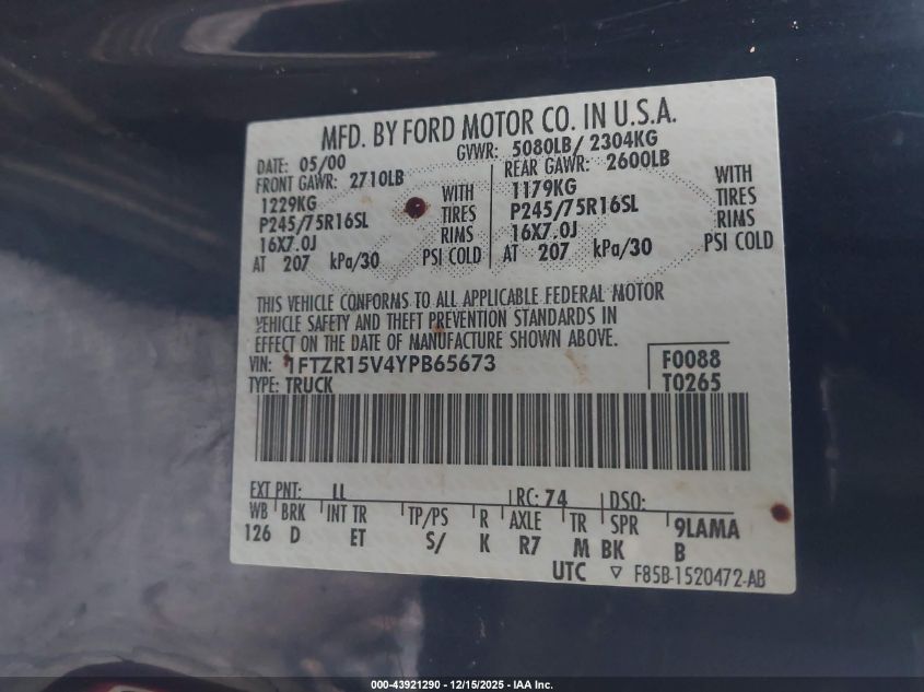 2000 Ford Ranger Xl/Xlt VIN: 1FTZR15V4YPB65673 Lot: 43921290
