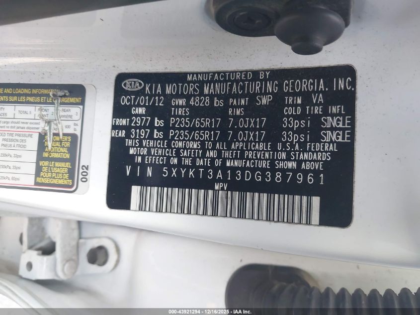 2013 Kia Sorento Lx VIN: 5XYKT3A13DG387961 Lot: 43921294