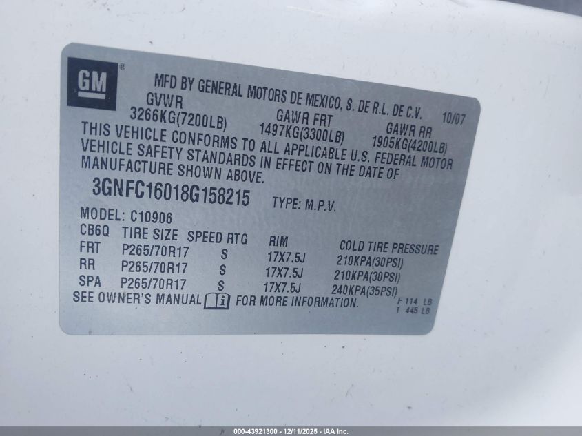 2008 Chevrolet Suburban 1500 Lt VIN: 3GNFC16018G158215 Lot: 43921300