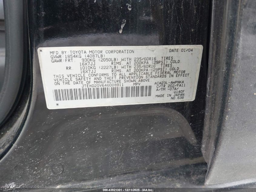 2004 Toyota Rav4 VIN: JTEHD20V646008911 Lot: 43921301