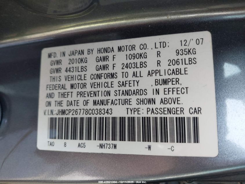 2008 Honda Accord 2.4 Ex VIN: JHMCP26778C038343 Lot: 43921304