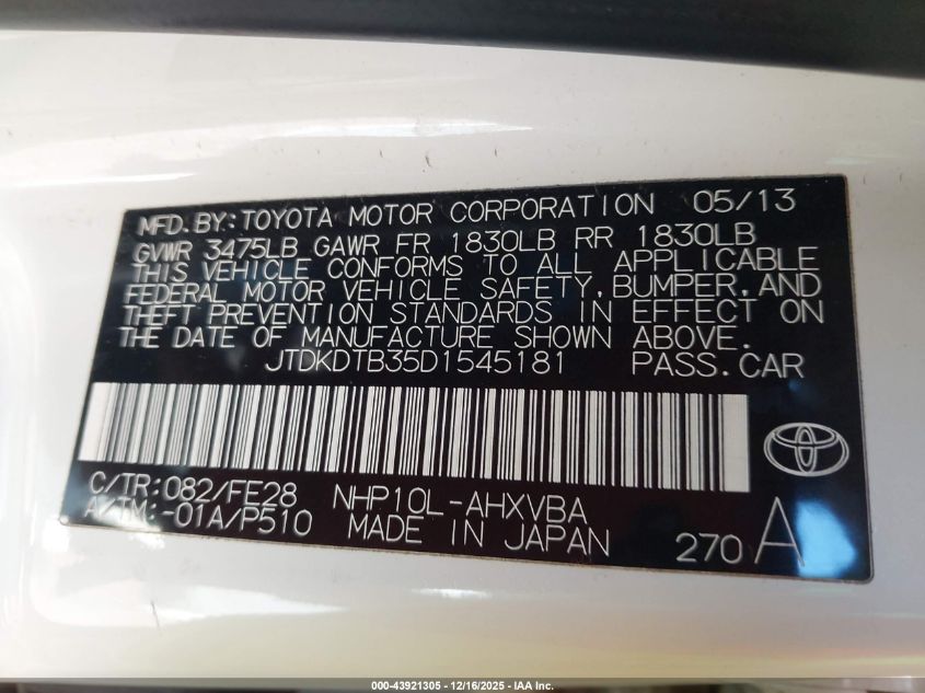 2013 Toyota Prius C One VIN: JTDKDTB35D1545181 Lot: 43921305