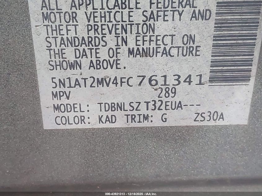 2015 Nissan Rogue Sl VIN: 5N1AT2MV4FC761341 Lot: 43921313