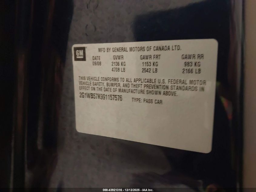 2009 Chevrolet Impala Ls VIN: 2G1WB57K991157576 Lot: 43921316