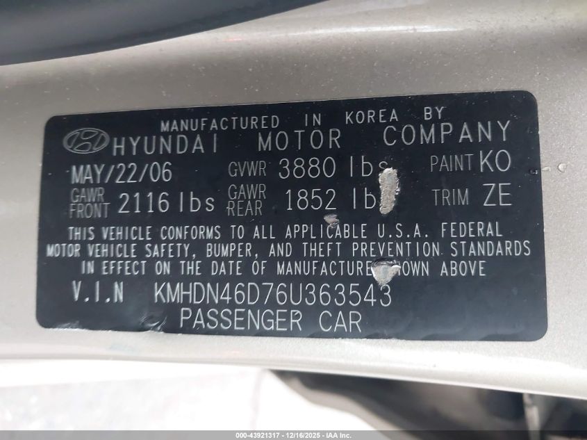 2006 Hyundai Elantra Gls/Limited VIN: KMHDN46D76U363543 Lot: 43921317