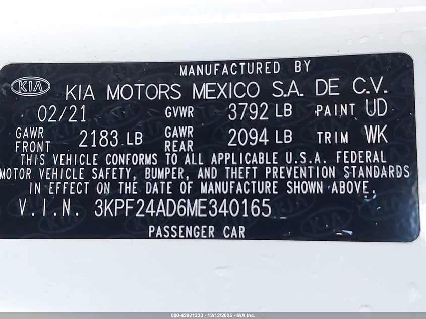 VIN 3KPF24AD6ME340165 2021 KIA FORTE LXS