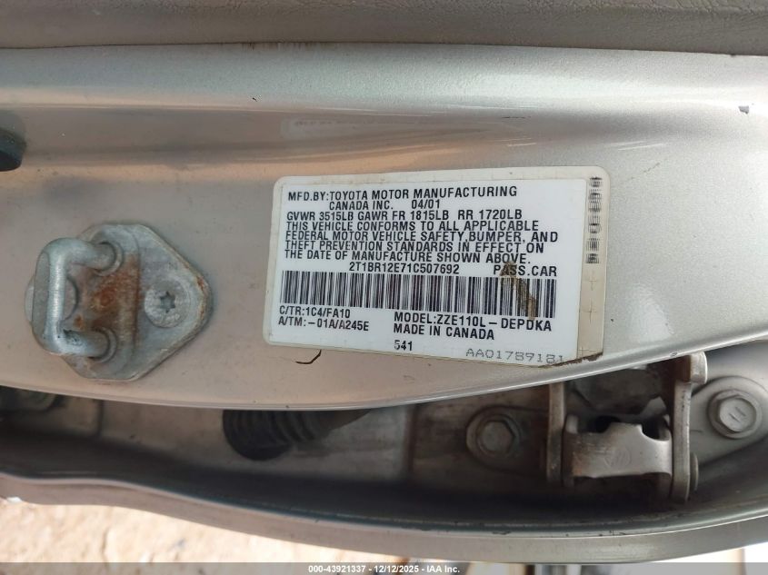 2001 Toyota Corolla Le VIN: 2T1BR12E71C507692 Lot: 43921337