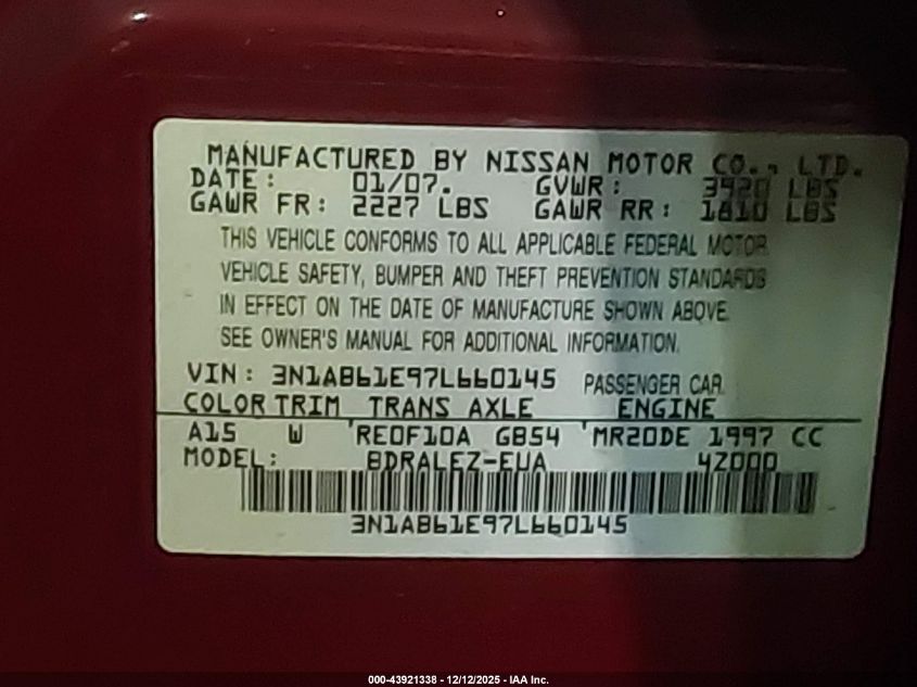2007 Nissan Sentra 2.0S VIN: 3N1AB61E97L660145 Lot: 43921338