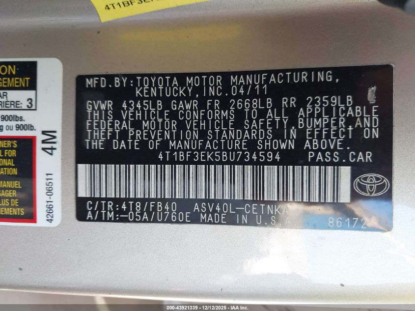 2011 Toyota Camry Le VIN: 4T1BF3EK5BU734594 Lot: 43921339