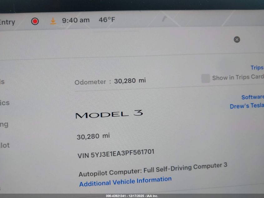 2023 Tesla Model 3 Rear-Wheel Drive VIN: 5YJ3E1EA3PF561701 Lot: 43921341