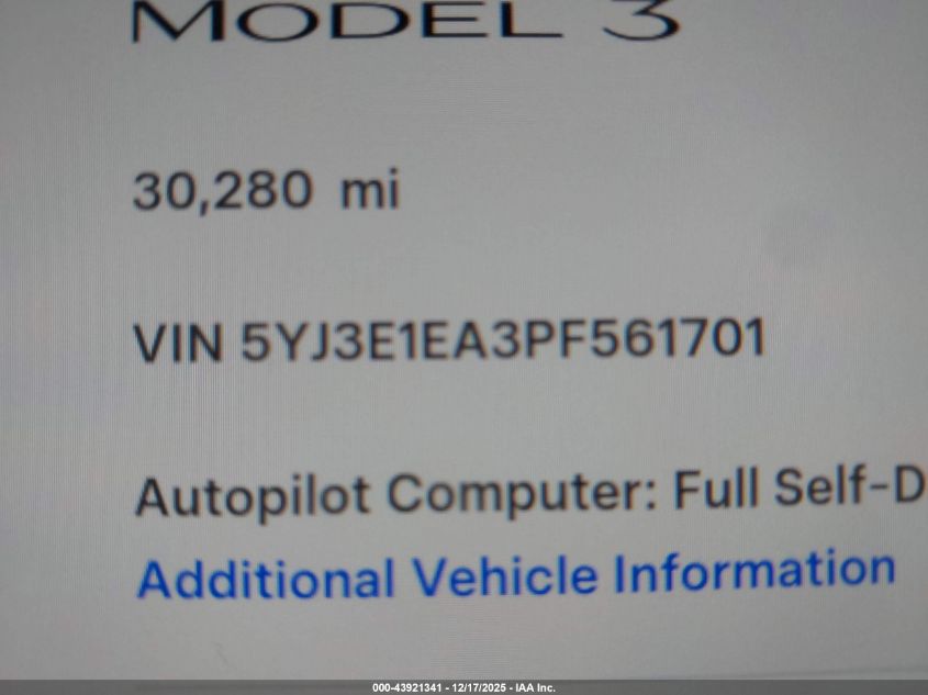 2023 Tesla Model 3 Rear-Wheel Drive VIN: 5YJ3E1EA3PF561701 Lot: 43921341