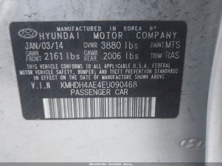 2014 Hyundai Elantra Se VIN: KMHDH4AE4EU090468 Lot: 43921354