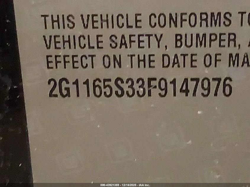 2015 Chevrolet Impala 2Lz VIN: 2G1165S33F9147976 Lot: 43921359
