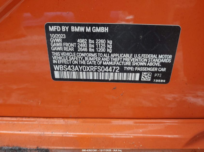 2024 BMW M3 Competition xDrive VIN: WBS43AY0XRFS04472 Lot: 43921361
