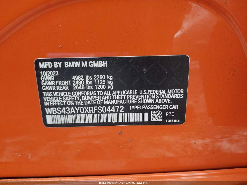 2024 BMW M3 Competition xDrive VIN: WBS43AY0XRFS04472 Lot: 43921361