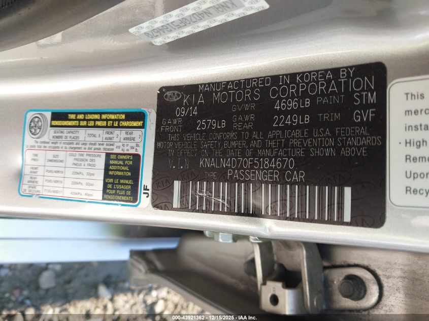 2015 Kia Cadenza Premium VIN: KNALN4D70F5184670 Lot: 43921362