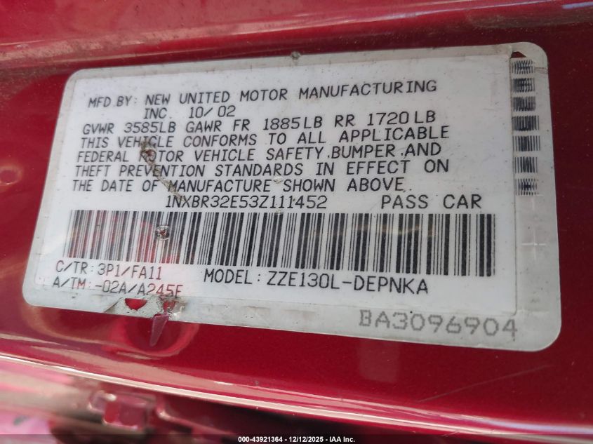 2003 Toyota Corolla Le VIN: 1NXBR32E53Z111452 Lot: 43921364