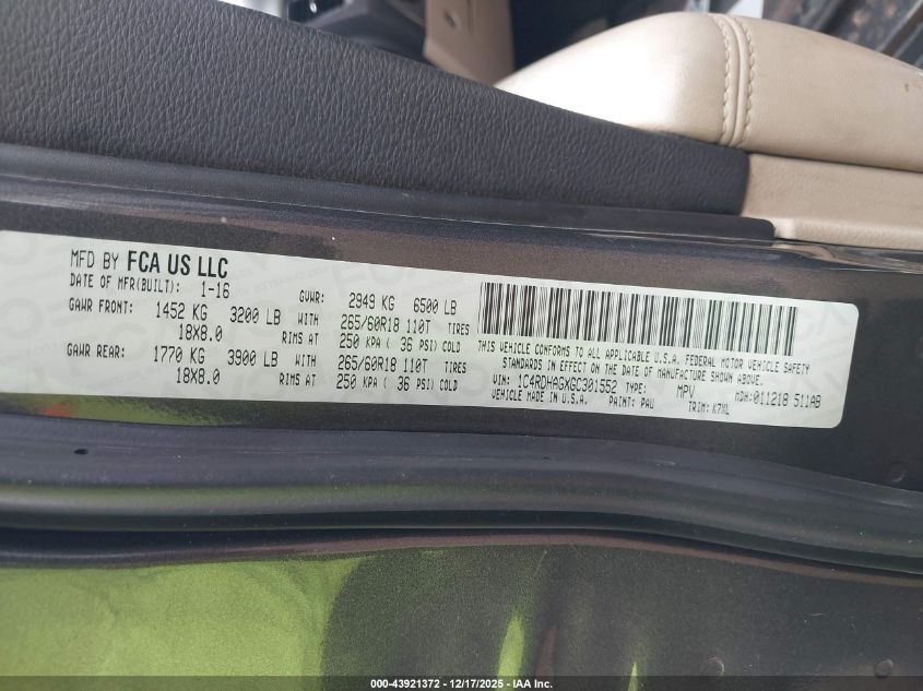 2016 Dodge Durango Sxt VIN: 1C4RDHAGXGC301552 Lot: 43921372