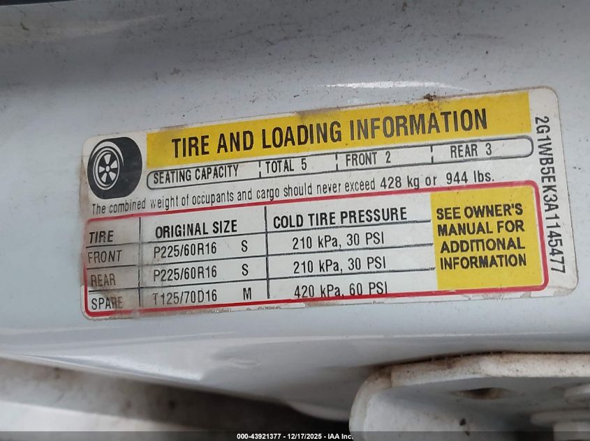 2010 Chevrolet Impala Lt VIN: 2G1WB5EK3A1145477 Lot: 43921377