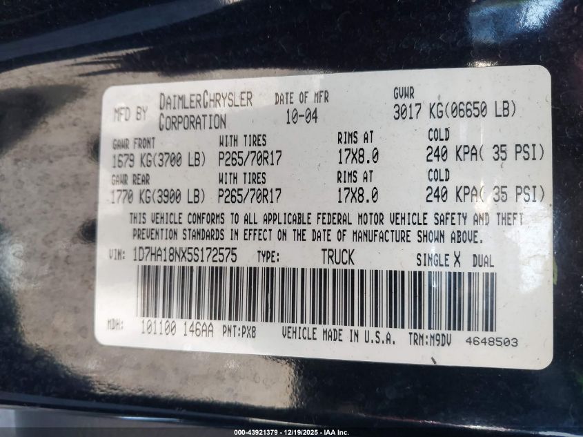 2005 Dodge Ram 1500 Slt/Laramie VIN: 1D7HA18NX5S172575 Lot: 43921379