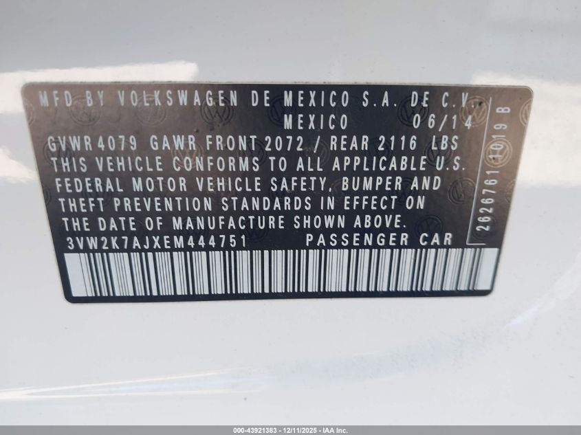 2014 Volkswagen Jetta 2.0L S VIN: 3VW2K7AJXEM444751 Lot: 43921383