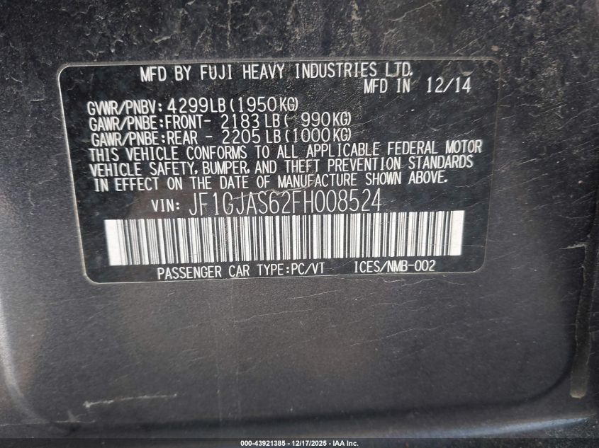 2015 Subaru Impreza 2.0I Limited VIN: JF1GJAS62FH008524 Lot: 43921385