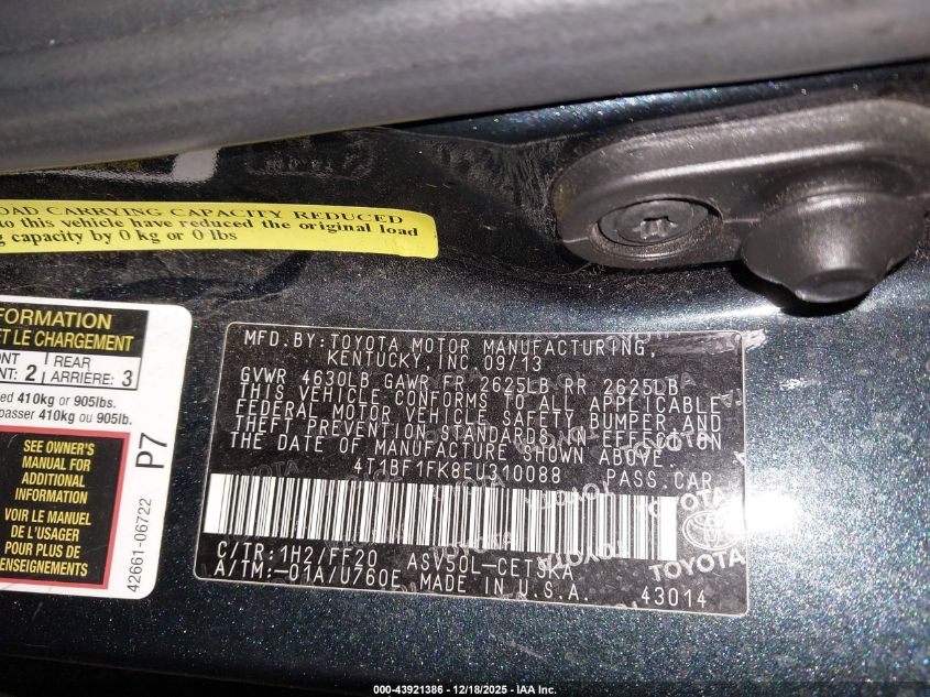 2014 Toyota Camry Se VIN: 4T1BF1FK8EU310088 Lot: 43921386