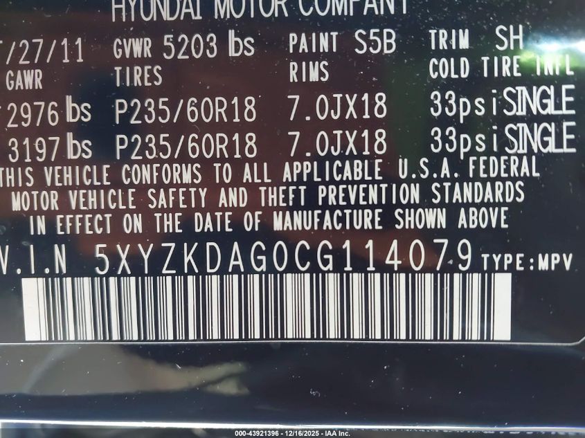 2012 Hyundai Santa Fe Limited V6 VIN: 5XYZKDAG0CG114079 Lot: 43921396