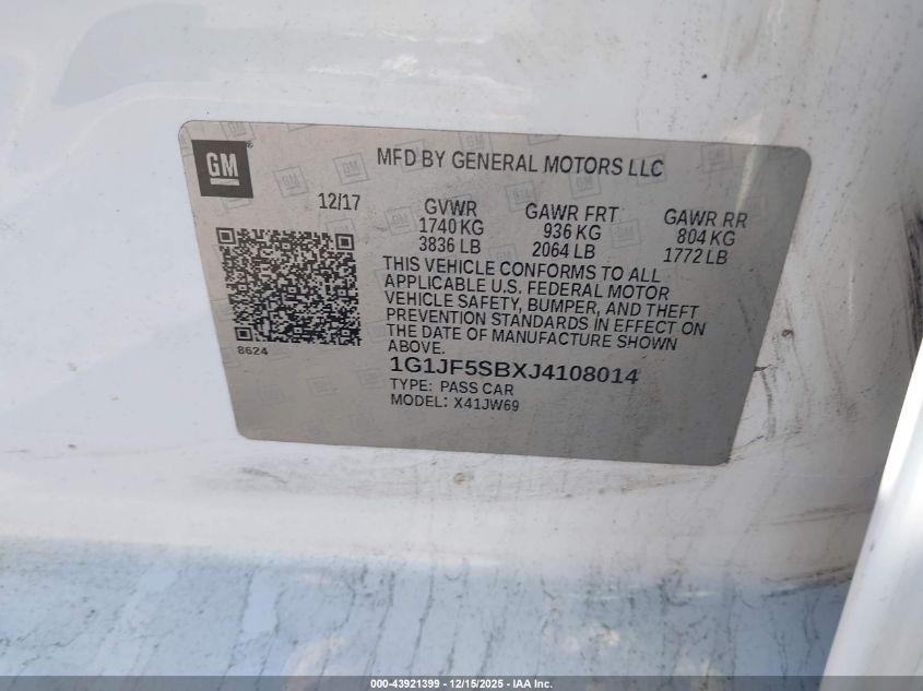 2018 Chevrolet Sonic Premier Auto VIN: 1G1JF5SBXJ4108014 Lot: 43921399