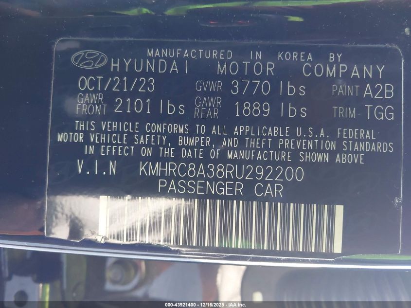 2024 Hyundai Venue Sel VIN: KMHRC8A38RU292200 Lot: 43921400