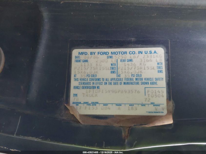 1986 Ford F150 VIN: 1FTDF15Y9GPB93576 Lot: 43921405