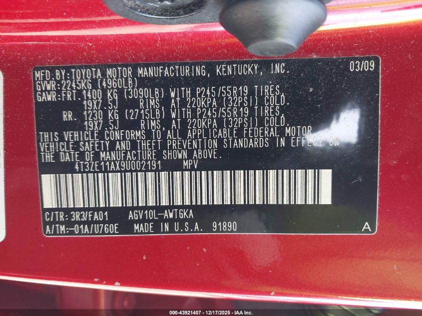 2009 Toyota Venza VIN: 4T3ZE11AX9U002191 Lot: 43921407